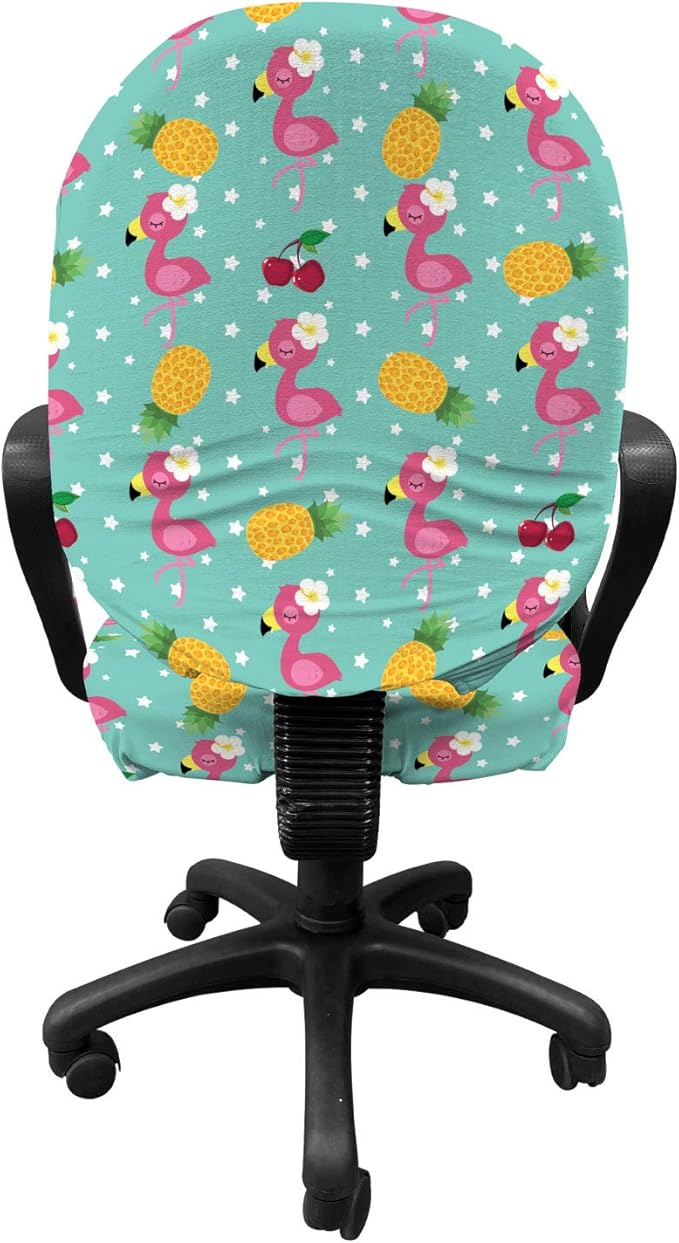 Ambesonne Nursery Office Chair Slipcover, Exotic Baby Flamingos Pineapple and Cherry Branches on Stars Backdrop Print, Protective Stretch Decorative Fabric Cover, Standard Size, Teal Pink