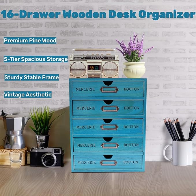 Wooden Drawer Organizer Storage Box with Label Holders Vintage Wood Desktop Organizer, Desk Drawer Unit Collectors Box for Living Rooms, Bedrooms, Offices (Blue, 1PC 5 Drawers)