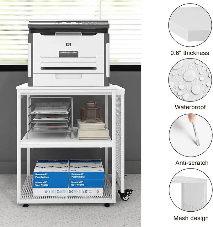 Natwind 24''x20''x29'' Large Printer Stand with Storage Shelves,Extendable Home Craft Table,Home Office Organization Desk, Versatile Table for Home Office, Kitchen, Study Room, Living Room (White)