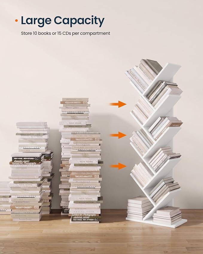 SONGMICS HOME 9 Tier Tree Bookshelf, Bookcase, Small Corner Shelf, Space Saving Book Tree for Home Office, Bedroom, Living Room, White