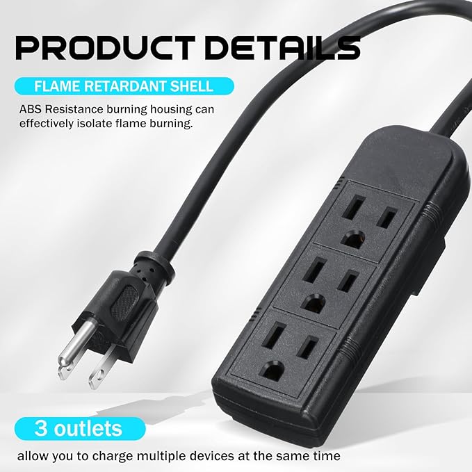 Copkim 12 Pack 3 Outlet Power Strip Extension Cord with Flat Plug Mini Cord 3 Ground Heavy Duty Mountable Outlets Strip for Computer Phone Home Office (1 ft,Black)