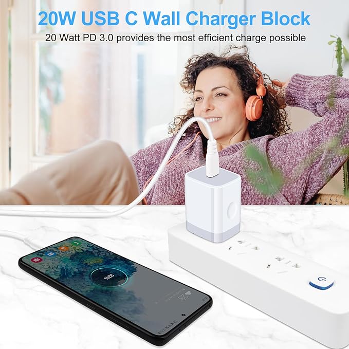 Fast Charger Block for Samsung Galaxy A17 A16 5G,A15,A56,A35,S25 Ultra,S24FE,A54,Z Fold/Flip7,A14,A53,S23,A23;iPhone 16 Pro Max 15;Pixel 10 9a,Type C Charger Box Wall Plug Adapter+6FT USB C to C Cable