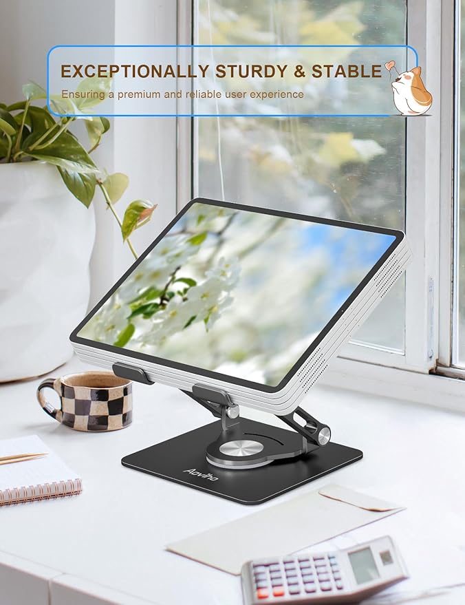 Aoviho Tablet Stand 360° Rotating Aluminum Holder, Adjustable, Portable and Foldable Monitors Stand for iPads, Compatible with 4-12.9" Tablets, Ink Black