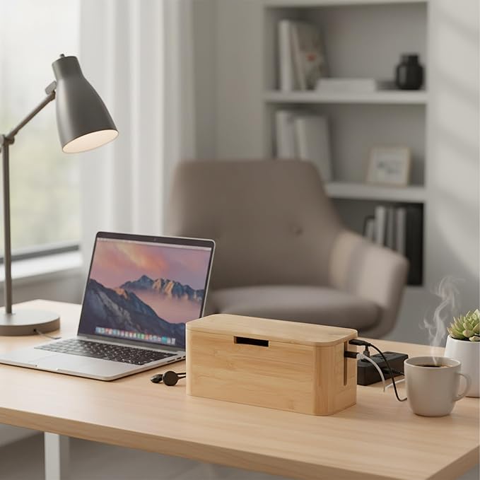Relaxdays Cable Box for Power Strip, Bamboo, Magnetic Lid, HBT 14.5 x 34 x 11 cm, Hide Cables, Socket Box, Natural