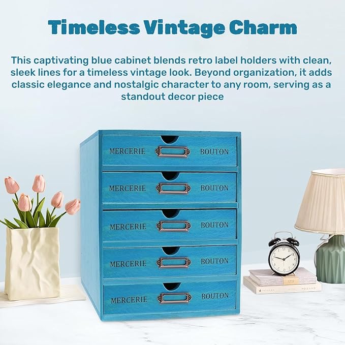 Wooden Drawer Organizer Storage Box with Label Holders Vintage Wood Desktop Organizer, Desk Drawer Unit Collectors Box for Living Rooms, Bedrooms, Offices (Blue, 1PC 5 Drawers)