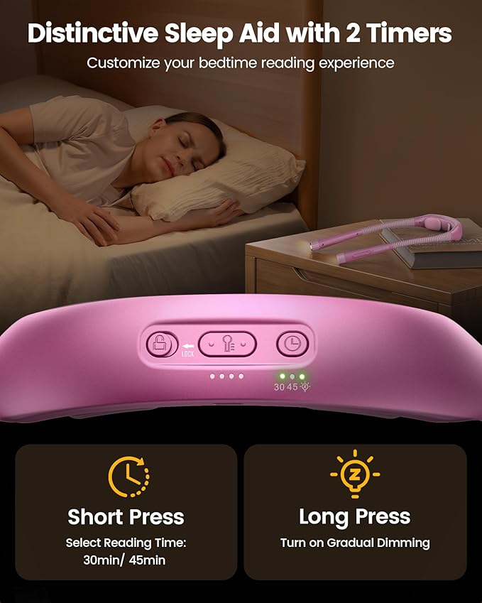 Glocusent Ergonomic Reading Lights for Books in Bed, 1600mAh Rechargeable Book Light for 100 Hrs - 3 Colors & 5 Brightness, Neck Light with Timers, Sleep Aid & Travel Lock