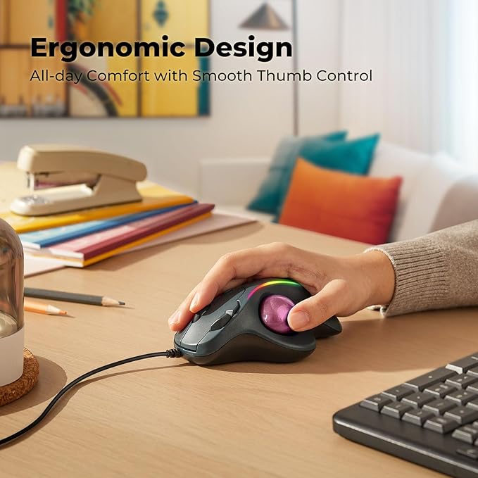 Wired Trackball Mouse with RGB Lighting, Ergonomic Thumb Control to Reduce Muscle Strain, 5 Adjustable DPI, Dual USB-C & USB-A Connectivity, Compatible with PC, Laptop, Mac, Windows (E-Pink)