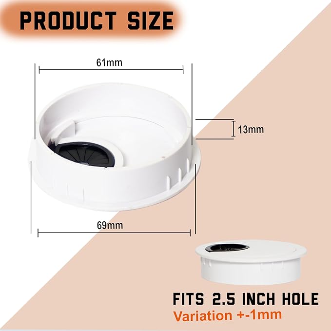 Signite 5 Pcs Plastic Desk Cable Grommet 2-1/2" – Durable Desk Hole Cover for Wire Management, Desks Cord Grommet for Workstations, Tables, Countertops 60mm Hole Cover for Home & Office Use - (White)