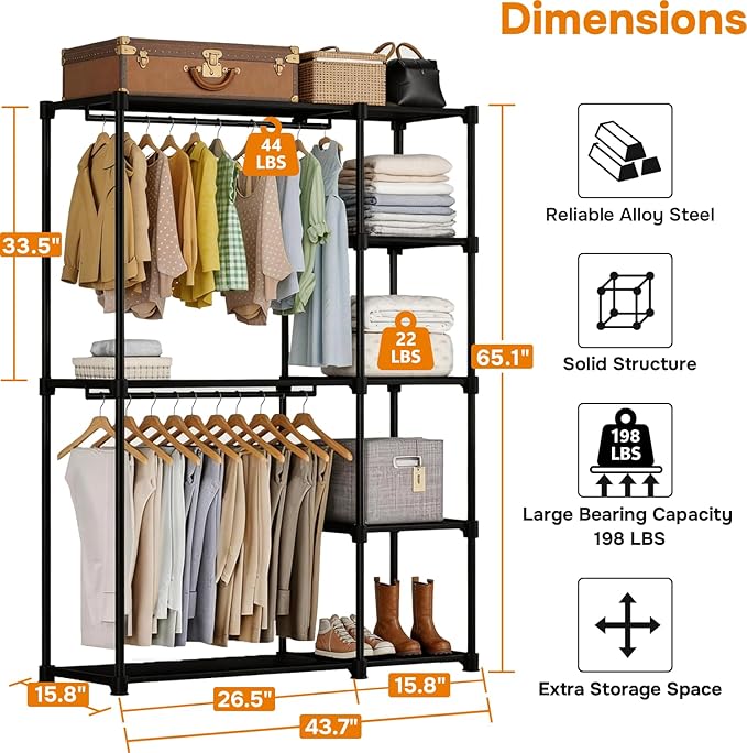 Simple Deluxe Clothes Rack, Heavy Duty Clothing Rack, 4-Shelf Portable Adjustable Wardrobe Closet with Hanging Rods, 43.8" W x 15.7" D x 64.9" H, Black