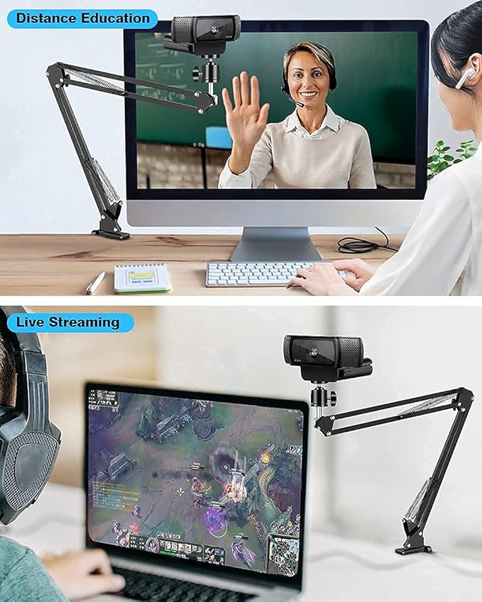 Webcam Stand, Boom Arm Camera Mount Stand for Logitech Webcam BRIO 4K C920 C920S C922 C922x C925e C930 NexiGo N60, 1/4"-3/8" and 3/8"-5/8" Screw for Blue Yeti Snowball Yeti Nano and Other Mics