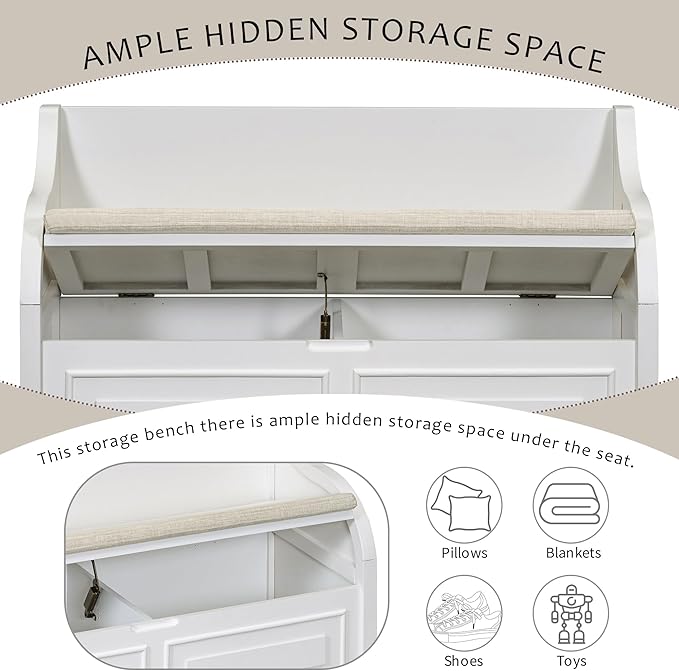 SOFTSEA 41.9" Storage Bench with Back, Entryway Shoe Bench with Cushion & Lift Top Storage, Rustic Shoe Storage Cabinet with Cushioned Seat for Entryway, Bedroom, Living Room (White)