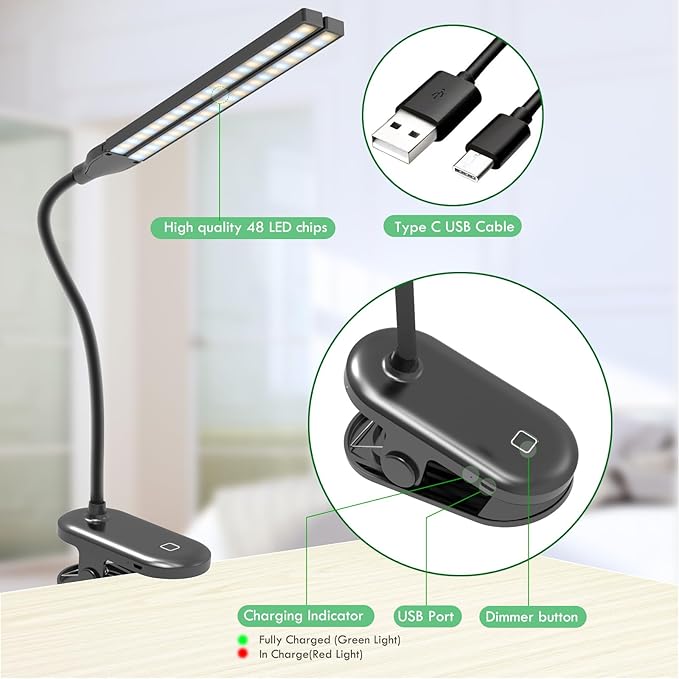 LED Reading Light with Clip, Desk Lamp 48 LEDs 2600mAh Battery USB Rechargeable Book Lights Stepless Adjustable Brightness Eye Protection Table Lamps for Bed Headboard, Home, Office - Black