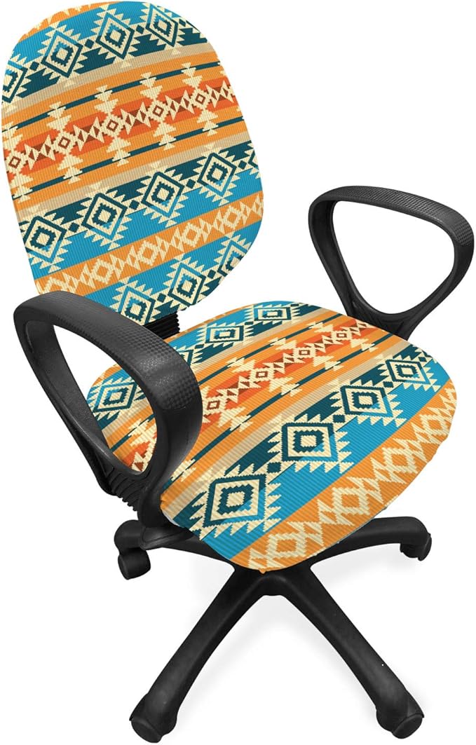 Ambesonne Southwestern Office Chair Slipcover, Striped Backdrop with Geometric Tribal Motifs Native Mexican Cultural Heritage, Protective Stretch Decorative Fabric Cover, Cream Orange Blue