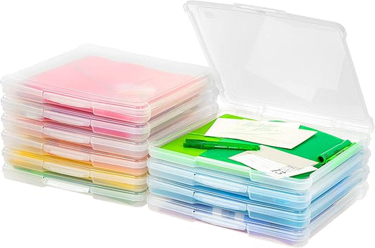 IRIS USA Fits 12" x 12" Paper, 10-Pack Thin Portable Plastic Scrapbook Paper Storage Cases Organizers with Built-in Handle for Art and Craft Supplies, Office Document, Stationery, Photo - Clear