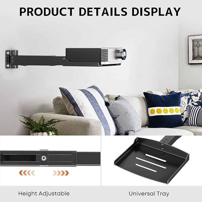 PUTORSEN Adjustable Projector Ceiling Mount,Universal Projector Shelf for Ceiling and Wall, Holds up to 22lbs，No Hole Installation, Hidden Cable Routing, Black（S）