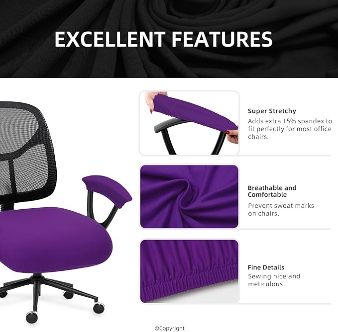 Stretchable Desk Office Chair Seat Cushion Covers with Armrest Covers - Universal Spandex Computer Chair Slipcover - Removable Washable Cushion Protectors for Dogs, Cats, Pets (Purple)