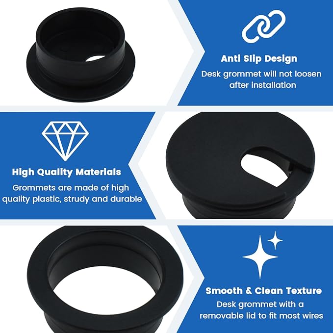 SDTC Tech 3-Pack 1 inch Desk Hole Wire Grommet Black Plastic Cable Cord Cover Organizers
