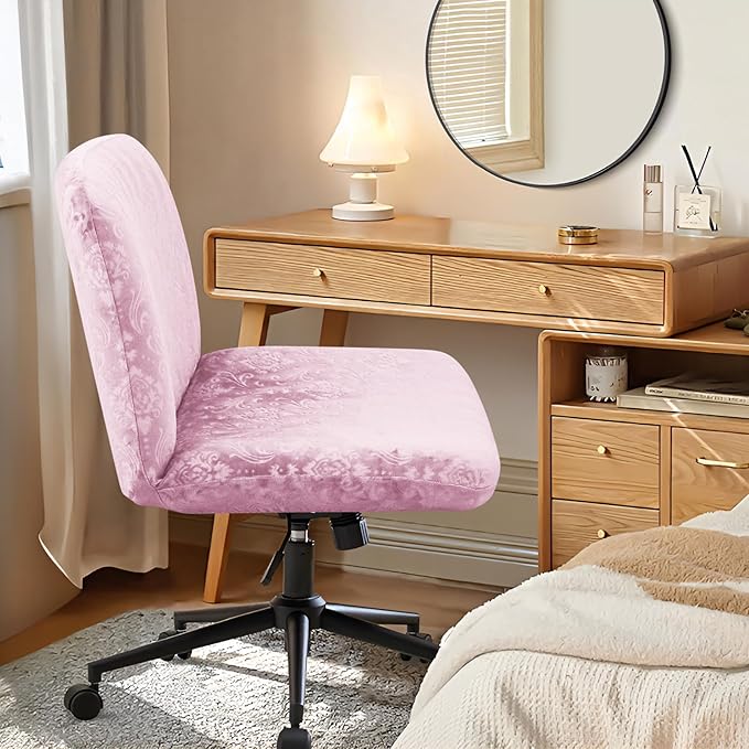 Criss Cross Chair Cover Pink Armless Chair Slipcover Office Desk Chair Covers Velvet Embossing Mid Back Wide Seat Accent Chair Covers for Computer Chairs and Vanity Chairs(Velvet-Pink)