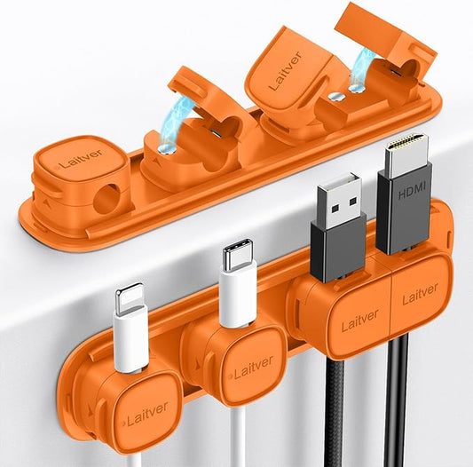 6 Pack Magnetic Cable Clips [1s Open/Lock], Laitver Cord Organizer Holder Strong Adhesive Desk Cable Management- Organize Charging Cords Neatly for Home, Office, Car,Desk, Nightstand-Orange