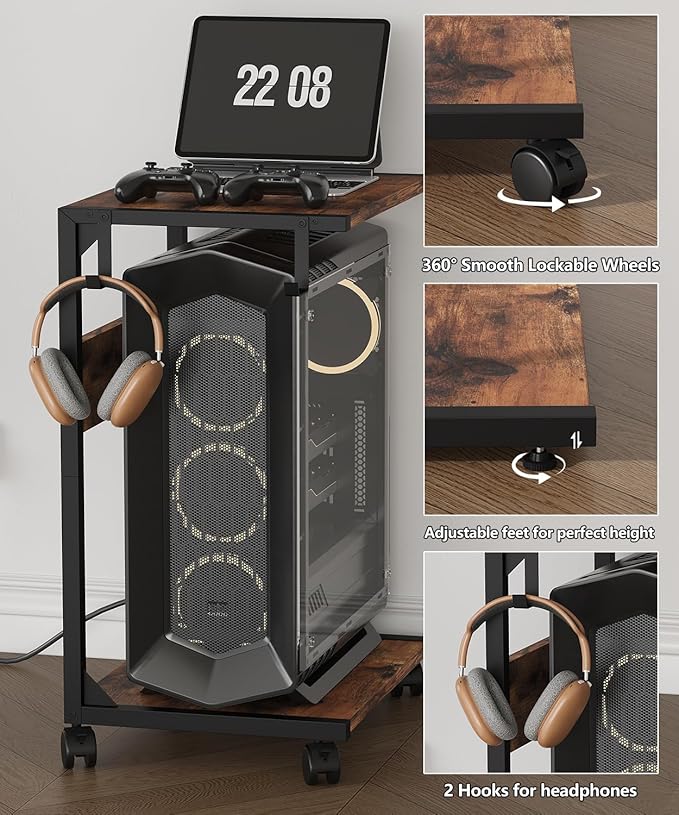 Akxomel 2 Tier Computer Tower Stand with Charging Station, 11.8" D x 16.5" W Rolling Floor PC Tower Stand Fits Under Desk, CPU Holder Cart for Carpet with Hooks, C Shaped End Table for Home Office