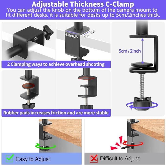 Camera Desk Mount Webcam Stand with 360° Ball Head, Adjustable Table Light Stand 14"-33", Tabletop C Clamp for DSLR Camera, Ring Light, Live Streaming, Photo Video Studios