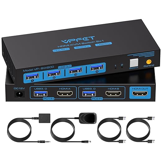 HDMI KVM Switch 1 Monitors 2 Computers 4K60Hz KVM Switches for 2 PC Share Single Monitor and 4 USB 3.0 Devices Such as Keyboard Mouse Printer with Desktop Controller and 2 USB Cables