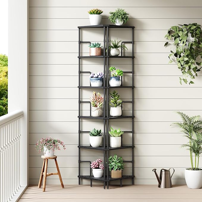 MAHANCRIS 65" Corner Shelf, 6-Tier Industrial Corner Bookshelf with Metal Frame, Small Plant Stand, Display Shelf for Living Room, Bedroom, Home Office, Small Spaces, Black CSBK6601