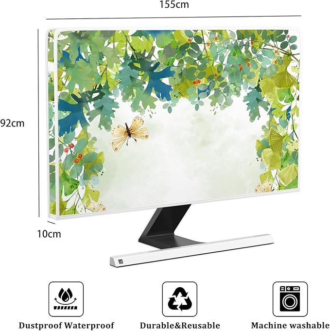 Watercolor Forest Waterproof Screen TV Dust Cover 65 Inch Spring Summer Botanical Butterfly Dust-Proof Television Covers Anti-Static Anti-Scratch Protective Cover for Desktop TVs