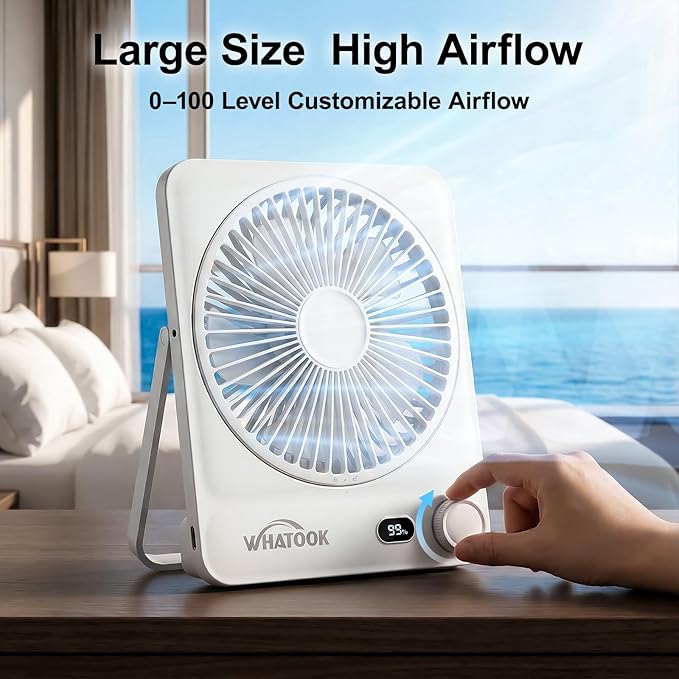 WHATOOK Large Travel Desk Fan: 10000mAh Battery 40 Hours Runtime Silent Rechargeable Fans, Quite Personal Portable Fan for Camping Bedroom Office Small Desktop fan (8.3 * 7.1inch White)