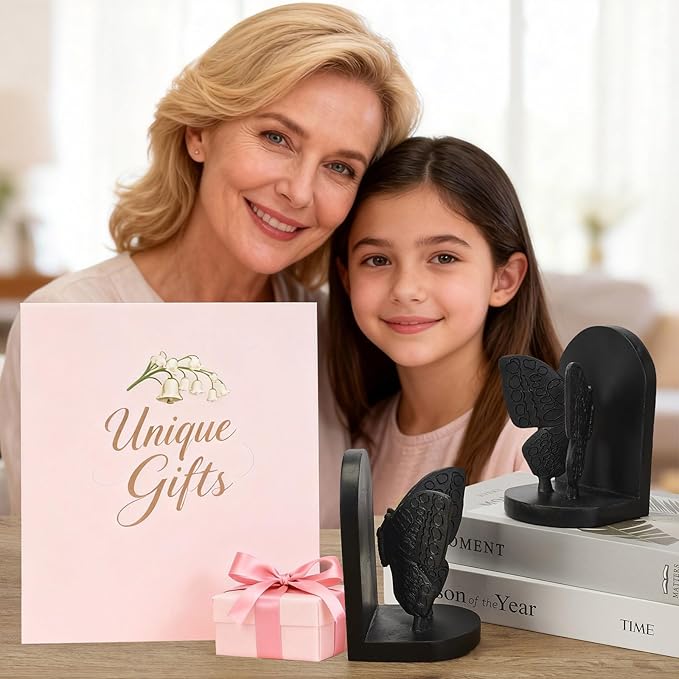 Black Butterfly Book Ends for Shelves, Butterflies Statue Decorative Bookends for Heavy Books, Resin Book Ends with Non-Slip Felt Base for Home Farmhouse Shelves Office Lover Gift