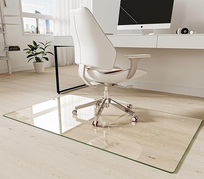 Koonmi Tempered Glass Chair Mat 50"x30" - Premium Office Chair Mat for Hardwood Floors & Low-Pile Carpet with 4 Non-Slip Pads - Thick Scratch-Resistant Surface