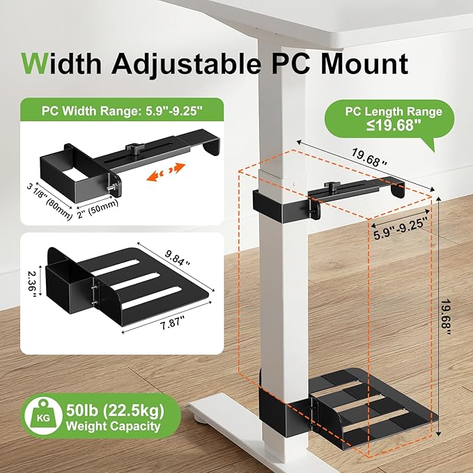 Clamp-On Under Desk PC Mount, No Drilling Adjustable Desk Leg Computer Mount Width Adjustable from 5.7" to 9.8", Holds Up to 40 lbs Heavy Duty PC Tower Stand for Under Desk, Fits 80mm×50mm Legs