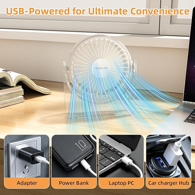 USB Desk Fan, 6Inch Portable Table Fan, 3 Speeds Quiet Powerful Cooling,Personal Mini Small Fan with Adjustable Tilt for Desk Bedroom Home Office Car Table Travel, No Battery, White