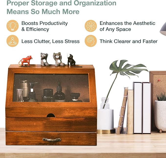 Vintage Tabletop Organizer with Glass Top Compartment -2-Tier Display Cabinet for Desk - Wooden Desktop Storage Box with Drawer and See-through Cabinet - Mahogany Brown Organizing Unit