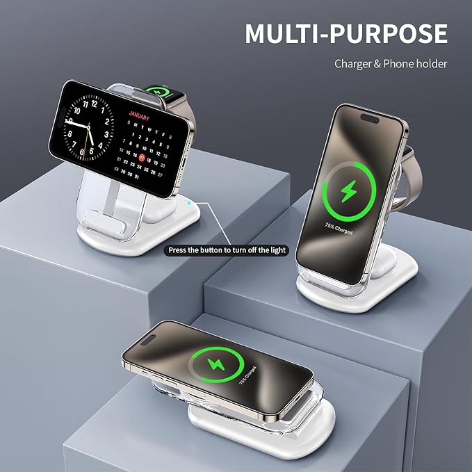 2026 Travel Wireless Mag-Safe Fast Charging Station,Magnetic 3 in 1 Charger with Light for iPhone16 15 14 13 12 Pro Max Plus,Apple Watch Series & Air pods 4 3 2 Pro-Gifts for Wife & Husband(Cyan)