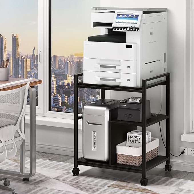 Lerliuo Printer Stand with Charging Station and USB Ports, Large 3-Tier Mobile Printer Table with Storage Shelf, Black Rolling Industrial Printer Cart with Lockable Wheels for Home Office