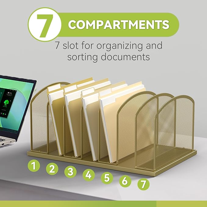 MINDEPOT Desk File Organizer Vertical 7 Sections Mesh File Sorter Paper Storage Organizer for Desk, Office Organization File Holder Rack, Gold