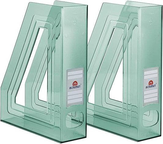 Acrimet Magazine File Holder Bin Storage, Vertical Rack for Documents, Folders and Mail, Durable Plastic Desk Organizer for Office & Home (Clear Green Color) (2 Pack)