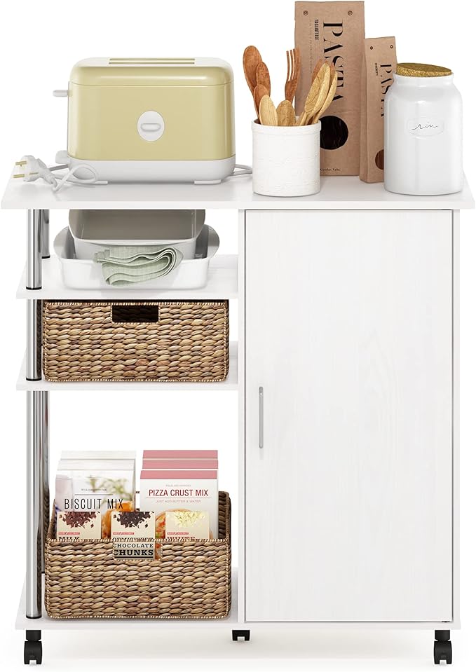 Furinno Helena Rolling Cart, 4-Tier Rolling Utility Cart with Closed Cabinet, Storage Cart, for Office, Living Room, Kitchen, Storage and Organizers, White Wood