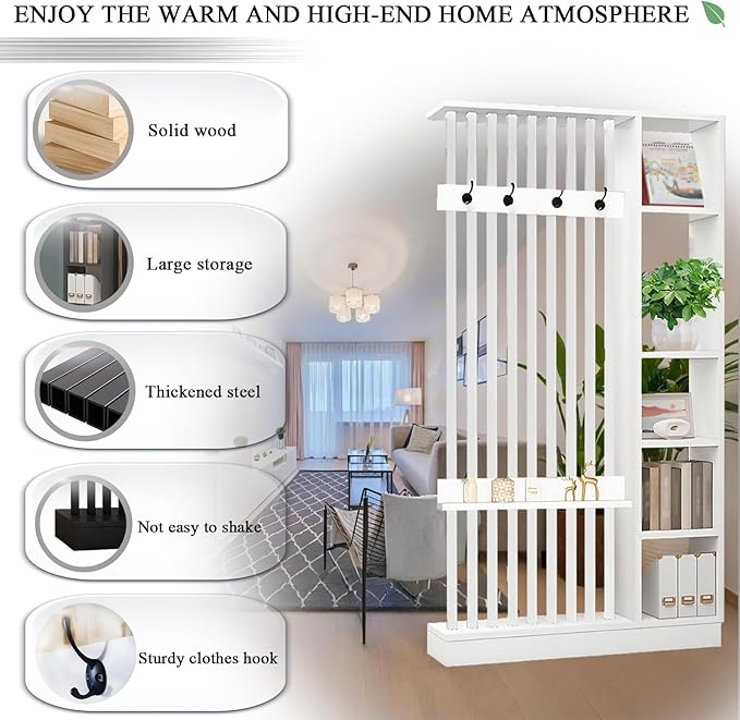 Wall Room Divider - Freestanding Wood Room Divider with Shelves and Coat Rack, Wall Divider with Storage Cabinet and Display Shelf, Freestanding Decor for Bedroom, Office
