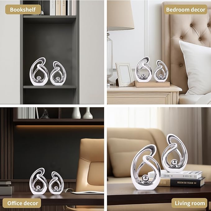 Abstract Ceramic Statue Set of 2, White and Silver Home Decor, Modern Art Living Room Decor, Room Accessories tv cabinets Bookshelves dividers Dining Table centerpieces, Foyer Entry Decor.