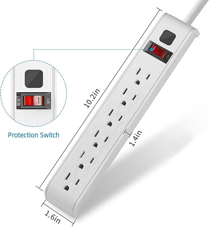 TiFFCOFiO Surge Protector Power Strip, 12 Feet Extension Cord, 600 Joules Surge Protection, Multiple Protection 6 Outlet Strip, 14 AWG Cord, 15A/1875W, ETL Listed