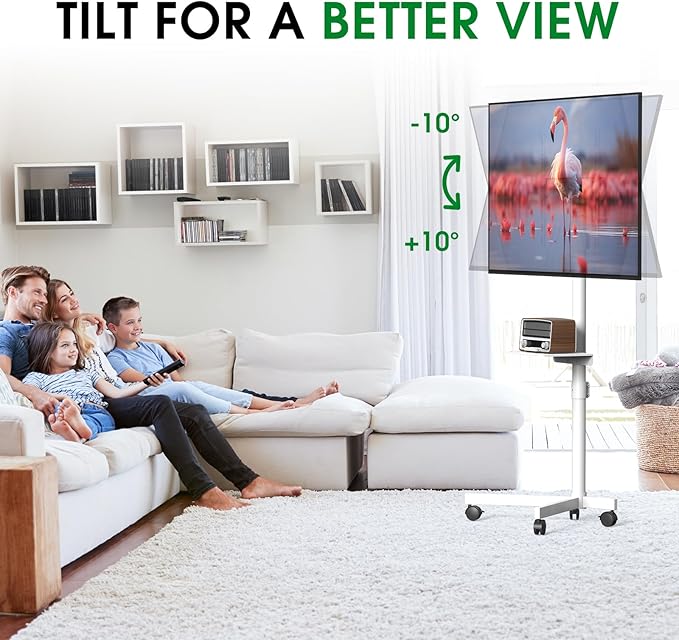 Mobile TV Cart Rolling TV Stand for 23-60 Inch LCD LED Flat Curved Screens up to 88 lbs, Height Adjustable Portable TV Stand on Wheels with Shelf, Outdoor TV Stand Mount, Max VESA 400x400mm, White