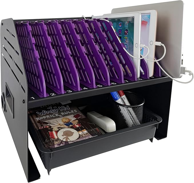 Laptop Charging Station for Classroom, Office, or Home, 10-Device Organizer with 6 AC Outlets & 4 USB Ports, Fits Laptops, Tablets & E-Readers up to 1.375" Thick, 15.3" x 13" x 13"