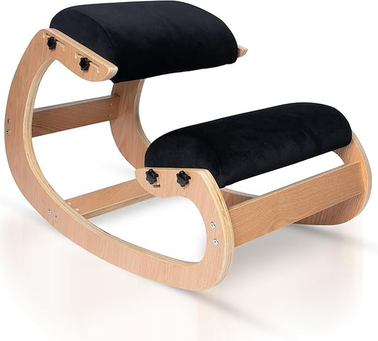 Ergonomic Kneeling Chair, Adjustable Seat - Office Chair for Desk, Posture Corrector, Premium Comfort Cushion, Wooden Rocking Knee Chair (Black)