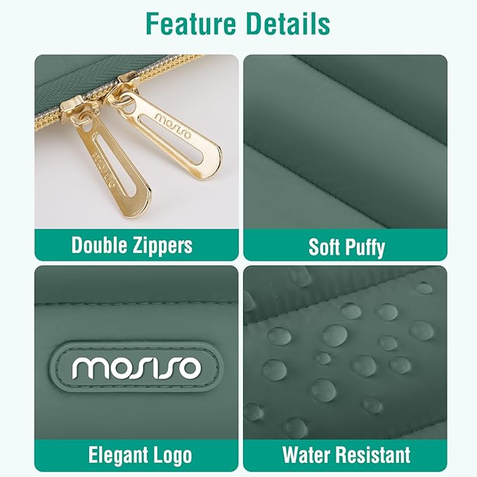 MOSISO Laptop Case 16 inch, 15-15.6 inch Puffy Laptop Sleeve Compatible with MacBook Pro 16 M5 M4 M3 M2 M1, HP Dell ASUS Acer Toshiba Lenovo, Polyester Horizontal Bag with Small Case, Emerald Green
