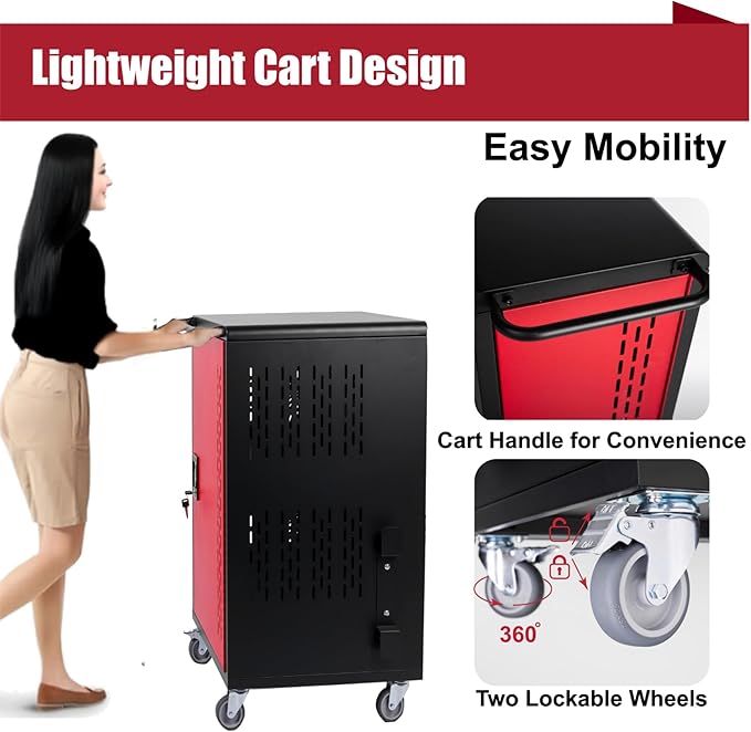 32 Device Mobile Charging Station for Laptops/Tablets/iPads/Chromebooks,32 Bay Lockable Charging Cabinet with Power Strip for Classroom,School Charging Carts with Casters