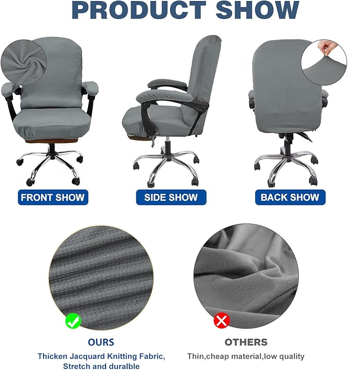 NeColorLife Office Chair Cover,Computer Seat Cover with Armrest Covers, Stretchable Jacquard Desk Chair Slipcover for High-Back Rotating(Large Size,Grey)