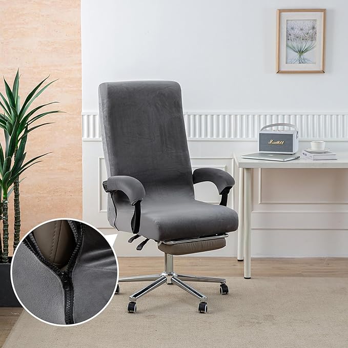 Office Chair Cover with Armrest Covers, High Resilience Velvet Fabric, Universal Fit 22-25 inch Back (Grey)