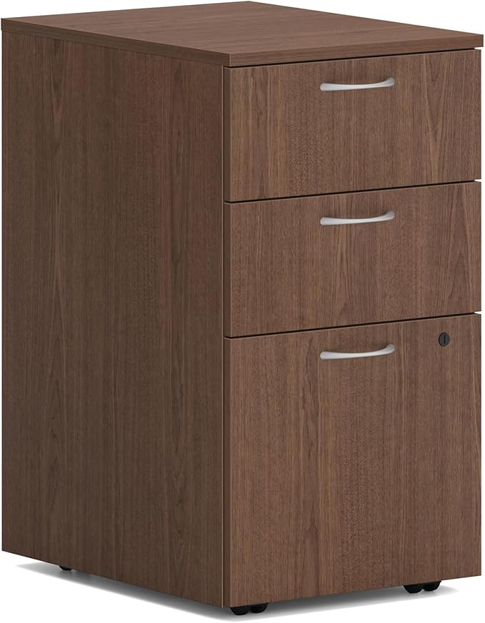 HON MOD 3 Drawer File Cabinet On Wheels, Mobile Pedestal for Filing Cabinets for Home Office, 15" W Portable Storage, Walnut